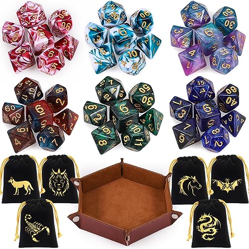 CiaraQ Polyhedral Dice Set - DND Role Playing Dice | Acrylic RPG Dice for Dungeons and Dragons MTG Table Games, Multi-Color, 42pcs - color: Red & White / Blue & White / Blue & Purple / Black & Green / Black & Purple