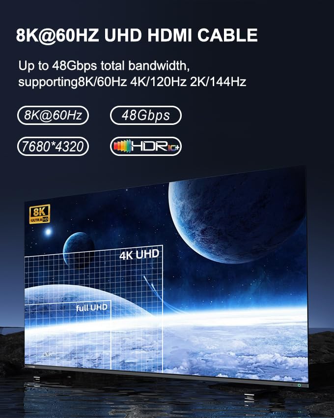 Certified Ultra High Speed HDMI Cable 3.3ft(1m) 48Gbps, Supports 8K@60Hz 4K@120Hz 2K@144Hz HDR10+ eARC HDCP2.3 Compatible with Xbox Series X/S,PS5,TVs,Monitors,Projectors，Home Theater System