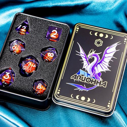 ARUOHHA DND Resin Dice Gazes Eye Dice Silver Purple Liquid Core Flaming RPG Sharp Edged Dice Set with Gift Box, Polyhedral D and D Dice Set Compatible with Dungeons Dragons Role Playing Game D20 D6 - color: Sl01-purple Silver