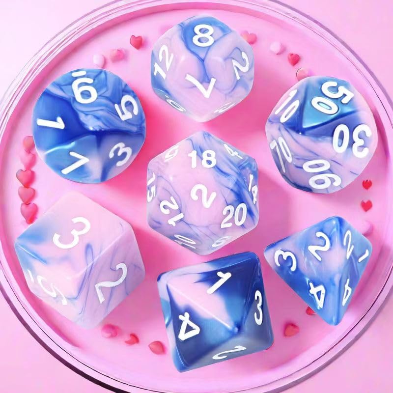 7Pcs Polyhedral DND Dice Set with Black Storage Bag (Pink&Blue Dice) | Classic dice set for RPG Polyhedral Dice for Dungeon and Dragons Playing Games 7-Die Set - color: Pink&blue Dice)