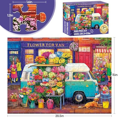 300 Piece Puzzles for Adults,Nature Flower Shop Puzzle for Adults Kids Seniors,Large Piece Fun Puzzle for Kids Ages 8-10 10-12,Challenging Truck Floral Dog Puzzles Perfect for Game Nights,20.5x15 in - style: Flower Shop