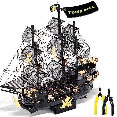 Piececool 3D Metal Puzzles for Adults, Black Pearl Pirate Ship Model Kits with DIY Tools, Watercraft Metal Model Building Kit for Birthday Christmas Gifts - color: Black Pearl&Tools