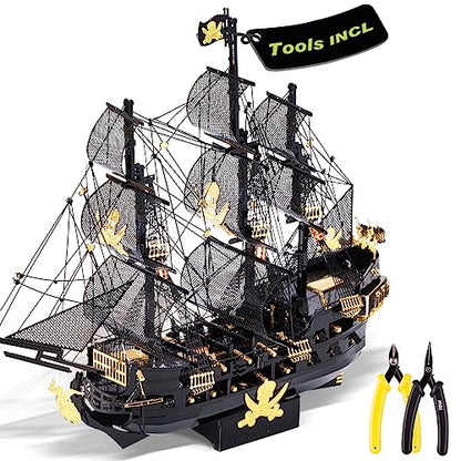 Piececool 3D Metal Puzzles for Adults, Black Pearl Pirate Ship Model Kits with DIY Tools, Watercraft Metal Model Building Kit for Birthday Christmas Gifts - color: Black Pearl&Tools