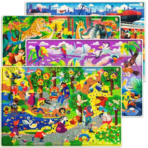 QUOKKA Wooden Kids Puzzles Ages 4-6 – 4 x 60 Piece Puzzles for Kids Ages 4-8 – Wood Toddler Games for 3-5 Year Olds – Cars Ships and Animals Toy for Boys and Girls - color: Forest Bug Africa Vechicles