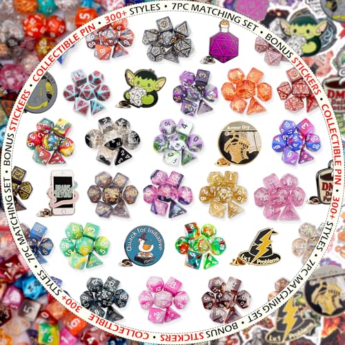 Haxtec Mystery DND Dice Set, 7 Pcs Random Resin Polyhedral RPG Dice | 3 Funny Stickers, 1 Enamel Pin, TTRPG Gifts, Dungeons & Dragons, Sharp Edge Upgrade Chance, No Duplicates in 2/5 Packs - style: Classic + Pin