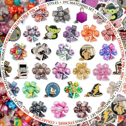Haxtec Mystery DND Dice Set, 7 Pcs Random Resin Polyhedral RPG Dice | 3 Funny Stickers, 1 Enamel Pin, TTRPG Gifts, Dungeons & Dragons, Sharp Edge Upgrade Chance, No Duplicates in 2/5 Packs - style: Classic + Pin
