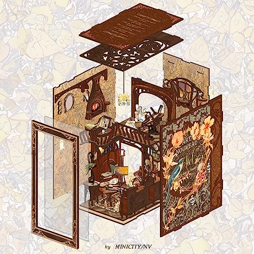 MiniCity Painter at Dusk Book Nook Kit, 3D Wooden Bookshelf Puzzle with LED | 7.1 x 4.3 x 9.1 in; 267-piece DIY kit with LED and dust cover; glue/tools included; 6-8 hr build for shelf display, ages 14+. - style: Painter's Day at Dusk