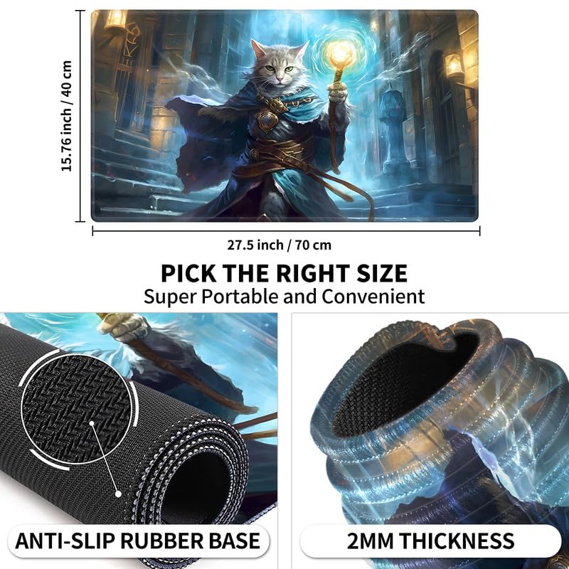 Playmat 24" x 14" Game Mats Tabletop Magic for MTG/TCG Cards, Trading Card Game Playing Stitched Play Mats Commander Deck Gaming Desk Mat Card Gameplay Mats, Cat Wizard Casting Spell - color: Cat Wizard Casting Spell, size: 24"X14"