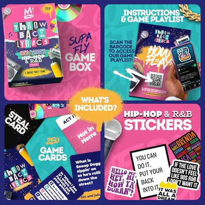 Throwback Lyrics — 90s & 2000s Hip-Hop & R&B Music Trivia & Finish the Lyrics Card Game | Charades + Steal Cards | Adult Party Game for Game Night, Girls Night, Birthdays & Gifts | 250 Cards