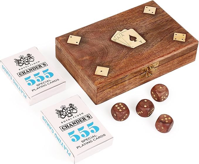 Handmade Wooden Playing Card Holder Box -See Through Playing Cards Case with Include 2 Sets of Cards Including Wooden 4 Dice