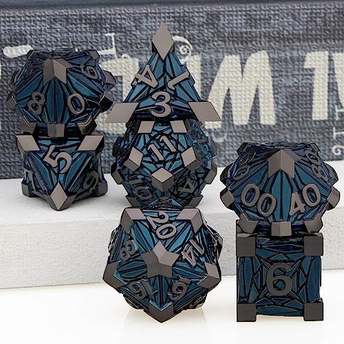 7PCS Metal DND Dice Set with Box, Debris RPG Black Blue D and D Dice for use with D&D Tabletop Games Role Playing Game Polyhedral Dice Set D20 D12 D10 D8 D6 D4 - color: Black Blue