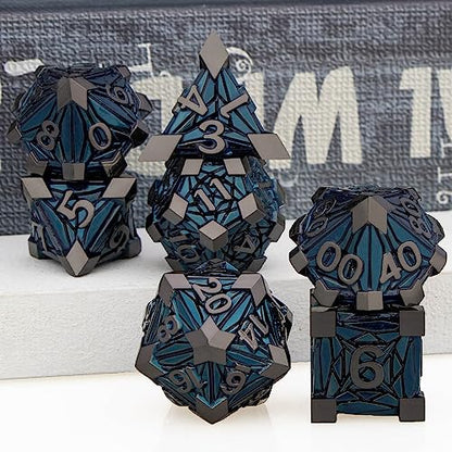7PCS Metal DND Dice Set with Box, Debris RPG Black Blue D and D Dice for use with D&D Tabletop Games Role Playing Game Polyhedral Dice Set D20 D12 D10 D8 D6 D4 - color: Black Blue