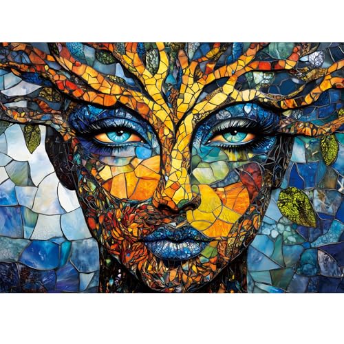 500 Piece Puzzles for Adults, Mosaic Tree Faced Woman Jigsaw Puzzles, Stained Glass Art Puzzle, Birthday for Men, Women, and Seniors, Fun and Challenging Puzzle, 20.5x15 in - style: Colorful Mosaic