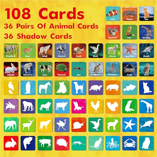 Hebayy 108 PCS Memory Matching Game, 72 Animal Cards & 36 Shadow Cards Matching Cards 36 Pairs Real Animal for Toddlers, Preschool, Kids 4 5 6 Years Old (2” x 2”) - style: Real Animals-C（108 Pieces Upgrade）