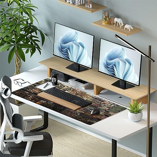 Cyberpunk Mech Desk Mat, Sci-Fi City Large Gaming Mouse Pad | Industrial steampunk city desk pad with thick 3mm cushion, smooth cloth top, and anti-slip backing. - color: Futuristic Art