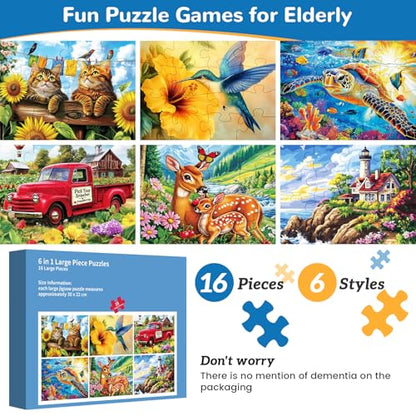 6 Packs 16 Large Piece Puzzle for Seniors, Dementia Alzheimer's Products Activities for Elderly Adults, Easy Puzzle Alzheimer’s Memory Cognitive Game Gift for Patient in Nursing Home - style: 6 Pack 16 Large Piece