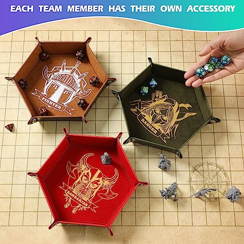 Grajar 6 Pcs DND Dice Tray with Characters Pattern for RPG D&D Table Games - Folding PU Leather and Velvet Rolling Holder Storage Box - color: Character Series 2