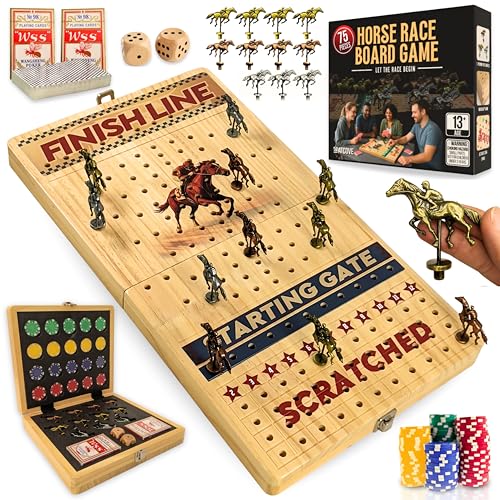 Horse Racing Board Game - Large 22 Inches Folding Horse Race Game Board Adult - Exciting Family Racing Set with Built-in Storage for Premium Chips, 2 Sets of Cards, 2 Dice, and 11 Metal Derby Tokens - style: Finish Line