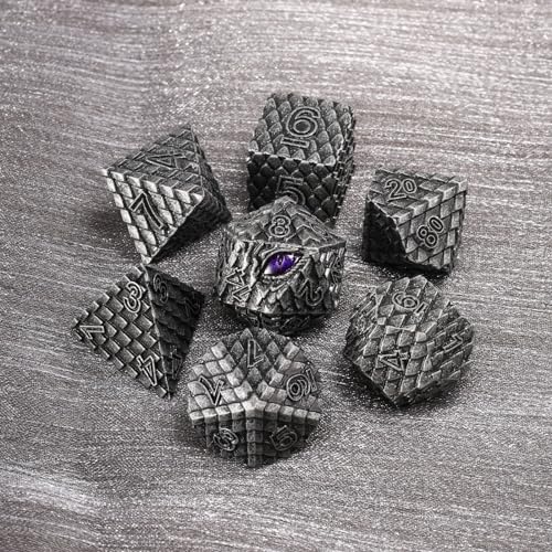 Metal Dice Set D&D,7 PCS Dragon Scale Metallic DND Dice Set,Dragon Eye Metal Dice with Grogeous Gift Case for Dungeons and Dragon Tabletop Game (Old Grey Dragon Scale & Purple Eye) - color: Old Grey Dragon Scale & Purple Eye