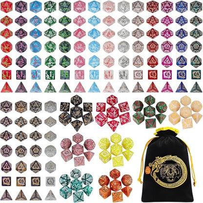 CiaraQ Polyhedral Dice with Engraved Designs & Drawstring Pouch | 26 acrylic dice sets – 182 pcs total, 7 per set (D4-D20). Lightweight & durable. Great for D&D & tabletop games. Ages 14+. - color: 26 Colors - Engraved Pattern Style