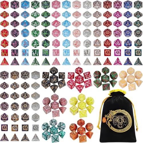 CiaraQ Polyhedral Dice with Engraved Designs & Drawstring Pouch | 26 acrylic dice sets – 182 pcs total, 7 per set (D4-D20). Lightweight & durable. Great for D&D & tabletop games. Ages 14+. - color: 26 Colors - Engraved Pattern Style