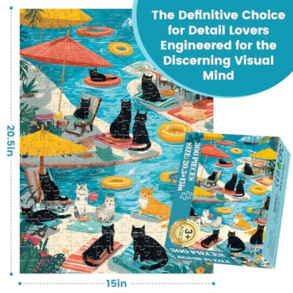 300 Piece Puzzle for Adults, Fun Poolside Cats Jigsaw Puzzle, Vibrant Cats with Beach Umbrellas and Floaties 300 Piece Puzzle, Perfect for Family Time, Wall Decor, Gift for Adults, Seniors - style: Pool Party Cats
