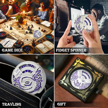 DNDND Dungeons and Dragons Roulette Spinner Dice 7-in-1 Spinner Metal D&D Dice Set with Gorgeous Gift Box for Dungeons and Dragon and Tabletop Game (Silver with Purple) - color: Dragon Silver Purple