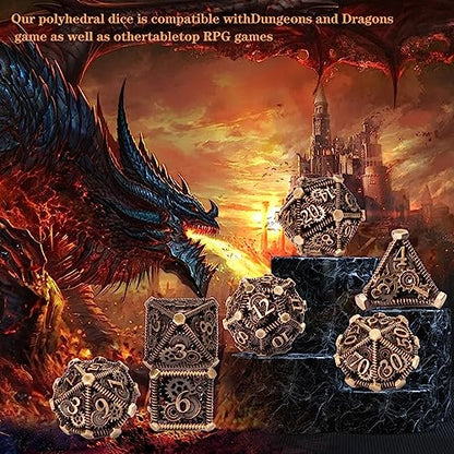 DND Metal Dice Set, UBEUCK 7PCS Gear Metal DND Dice Set for Dungeons & Dragons Board Games Boxes(Bronze Gear) - color: Bronze Gear