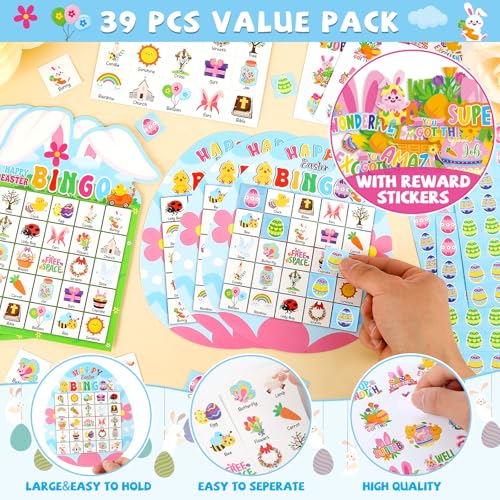 Lonfliness 39Pcs Easter Bingo Game for Adults Kids 24 Players Easter Bunny Egg Shape Bingo Game Cards with Reward Stickers for Family Friends Large Group Activities Happy Easter Spring Party Favors - style: Easter