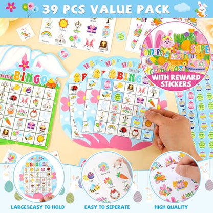 Lonfliness 39Pcs Easter Bingo Game for Adults Kids 24 Players Easter Bunny Egg Shape Bingo Game Cards with Reward Stickers for Family Friends Large Group Activities Happy Easter Spring Party Favors - style: Easter