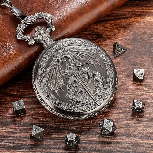DragonSword D&D Dice Set with Pocket Watch Case, 7PCS Metal Dice Set for DND, Mini Dice with Gifts Case, Role Playing Board Games Accessories Gifts (Black) - color: Black