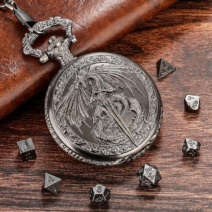 DragonSword D&D Dice Set with Pocket Watch Case, 7PCS Metal Dice Set for DND, Mini Dice with Gifts Case, Role Playing Board Games Accessories Gifts (Black) - color: Black