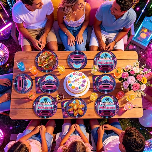 96 Pcs Bienvenido a Miami Party Decorations, Serves 24 | Retro Summer Disco Plates and Napkins Tropical Neon Tableware Set for Miami Birthday Summer Beach Disco Style Pool Party - style: Summer Neon Disco Plates m