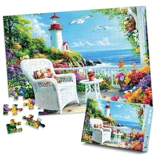Jeacirio 100 Piece Puzzles for Adults and Seniors, Lighthouse Coastal Jigsaw Puzzle, Colorful Ocean View with Flowers and Seaside Garden, Easy Beginner Puzzle, Large Piece Puzzle Gift for Older Adults - size: Lighthouse Puzzles