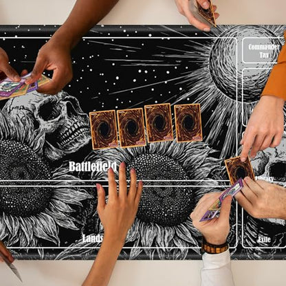 MTG Playmat with Zones, TCG Card Game Play Mat with Stitched Edges, Non-Slip Rubber Base Gaming Desk Mat, Smooth Surface 24 x 14 Inch, Dark Sunflower Skull - color: Dark Sunflower Skull, size: Zone 1