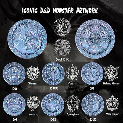 DNDND Spinner D&D Dice, Unique 8-in-1 Hexagonal Metal DND Dice with Dual D20 Monster Themed Dice Set for DND Dungeons and Dragons, Dungeon Masters with Collectible Gift Tin (Chameleon) - color: Chameleon