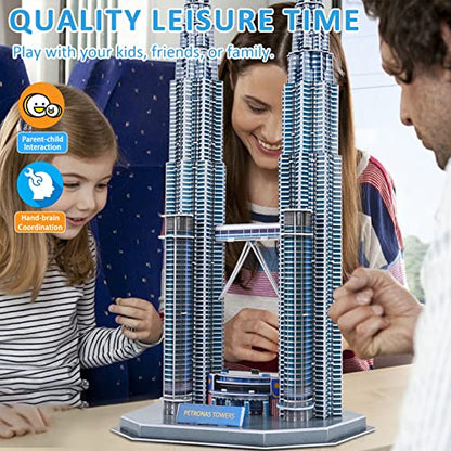 3D Puzzles for Adults & Kids, Petronas Twin Towers City Architecture Building Model Kit, 3-D Jigsaw Puzzles DIY STEM Desk Toys Christmas Birthday Gift for Hobbyist Teens Boys Girls 10-12-14, 130 PCS - style: Petronas Twin Towers