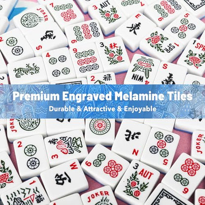 American Mahjong Tile Set with Blue Printed Carrying Bag, 166 Premium Tiles, 4 All-in-One Color Racks/Pushers, Mah Jongg Sets, Mahjong Game Set for Travel, Christmas, Birthday Gifts - color: Blue（blue Tiles）