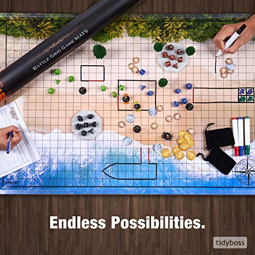 TIDYBOSS DND Ultimate 24" x 36" Game Set | 3X Double Sided 6 Terrains Battle Board | Includes Dry Erase Markers, Eraser, Clips, Dice and 96 Condition Rings | RPG Dungeons and Dragons Set