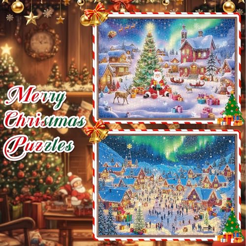 Christmas Puzzles 1000 Pieces for Adults,Jigsaw Puzzles 2 Pack - Challenging Christmas Games, Shimmering Northern Lights & Santa Scene, Christmas vaction Family Night Activity, Winter Wall Art Decor - style: Gifts&Aurora