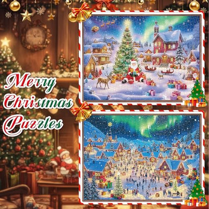 Christmas Puzzles 1000 Pieces for Adults,Jigsaw Puzzles 2 Pack - Challenging Christmas Games, Shimmering Northern Lights & Santa Scene, Christmas vaction Family Night Activity, Winter Wall Art Decor - style: Gifts&Aurora