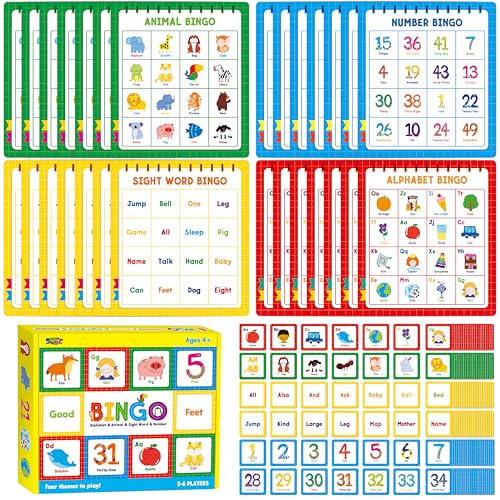 Family Bingo Game, Alphabet Animal Sight Word and Number Bingo Board Game, Counting and Matching Skills Classic Educational Game for Kindergarten and Preschool Kids, Perfect for Home and Classroom - style: Family Bingo Game