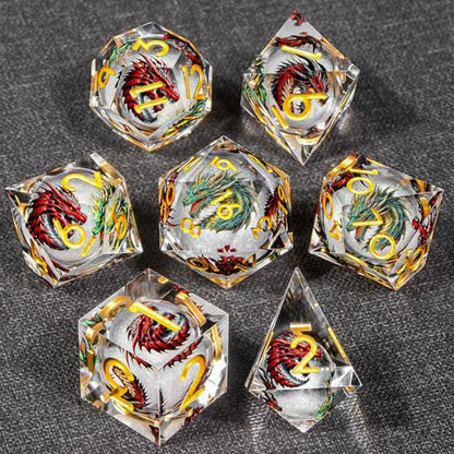 KERWELLSI Liquid Core Dragons Pattern Dice, Resin DND Dice Set with Gift Box, White and Gold Sharp Edged Dungeons D&D Dice, Role Playing Game Dice D20 D12 D10 D8 D6 D4 - color: White and Gold