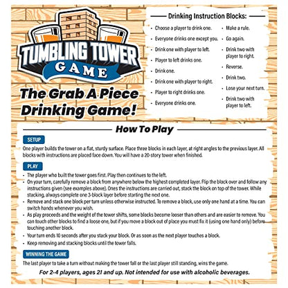 Gamie Tumbling Tower Drinking Games for Adults, with 4 Glasses and 48 Wooden Blocks with Challenges, Fun House Adult Party Games for Game Night, Great Gift Idea for Everyone