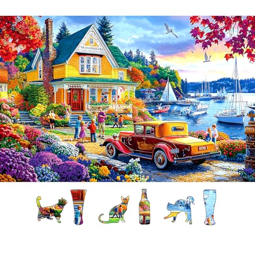 500 Piece Jigsaw Puzzles for Adults Autumn Harbor Cottage Scenic Puzzle Seaside Vibrant Fall House Scenery Puzzles for Seniors & Families, Fun Relax Puzzles with Letters on Back, 23x15 Inch - color: Colorful-autumn Harbor
