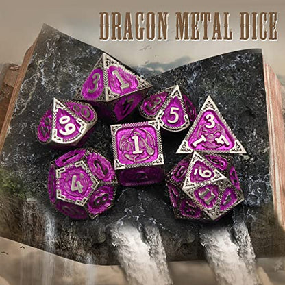 PJOY Metal DND Dice Set with Dice Case Antique Silver Purple Dragon D&D Polyhedral Dice for RPG Role Playing Games Compatible with Dungeons and Dragons TTRPG Gifts - color: Antique Iron Purple