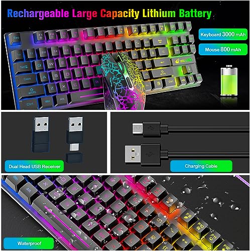 Wireless Membrane Gaming Keyboard and Mouse Set with 87Key Tenkeyless-Black | Rainbow LED Backlight,Rechargeable 3800mAh Battery,Anti-ghosting,Ergonomic,Waterproof,RGB Mute Mice for Computer PC Mac Gamer - color: Black