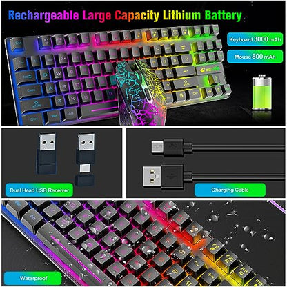 Wireless Membrane Gaming Keyboard and Mouse Set with 87Key Tenkeyless-Black | Rainbow LED Backlight,Rechargeable 3800mAh Battery,Anti-ghosting,Ergonomic,Waterproof,RGB Mute Mice for Computer PC Mac Gamer - color: Black