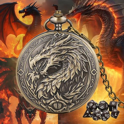 Mini DND Dice Set with Steampunk Dragon Large Pocket Watch Shell Case, 7-Piece Polyhedral Acrylic D&D Dice, DND Gift Bag with Dragon Logo, Role Play Board Game Accessories, Bronze + Brown - color: Bronze + Brown