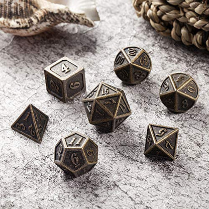 DnDnD Ancient Design Dice, 7PCS Brass DND Metal Dice with Metal Box for Table Games Dungeons and Dragons D&D - color: Ancient Brass